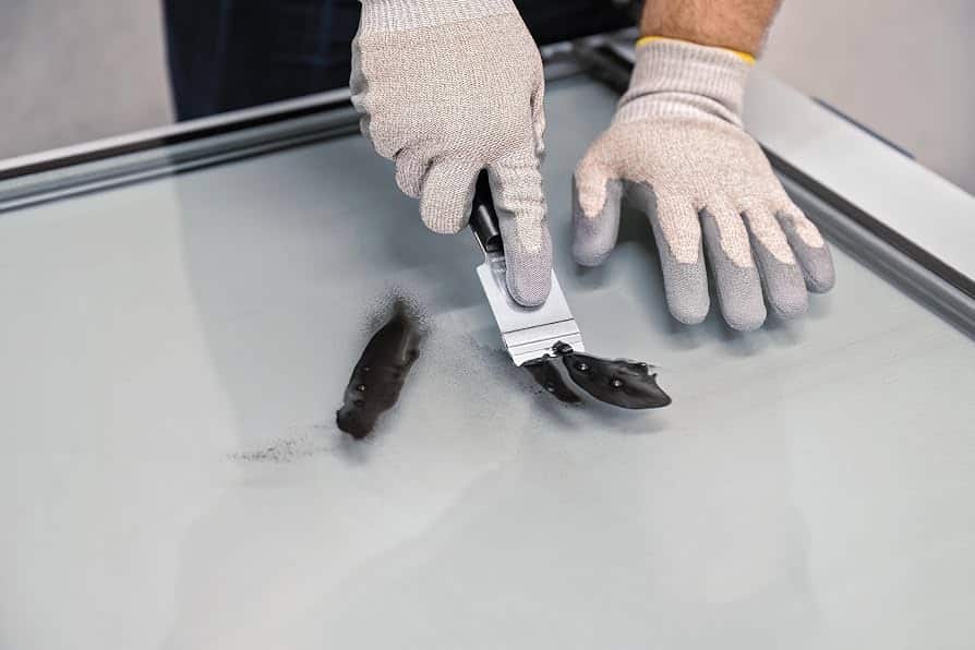 Schaber entfernt Lackreste von einer Glasfläche